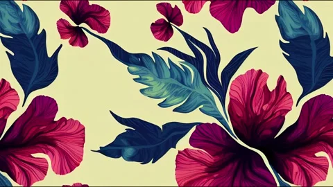 Abstract Hand Drawing Tropical Exotic Hibiscus Flowers and Leaves Stock Footage 220105923