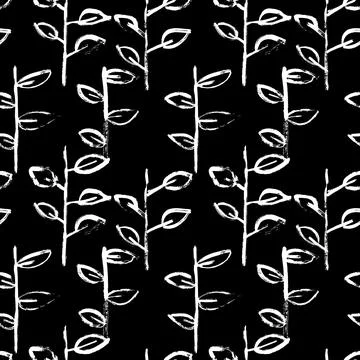 Abstract Hand Drawn Dry Brush Vector Seamless Leaves Pattern Stock Illustration