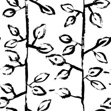 Abstract Hand Drawn Dry Brush Vector Seamless Leaves Pattern Stock Illustration