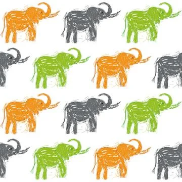Abstract hand-drawn Elephants vector seamless background pattern Stock Illustration