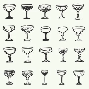 Abstract hand-drawn glassware set featuring cocktail and wine glasses Stock Illustration