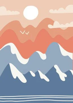 Abstract hand drawn Landscape with Mountains, river or lake, sun in poster Illustrazione stock