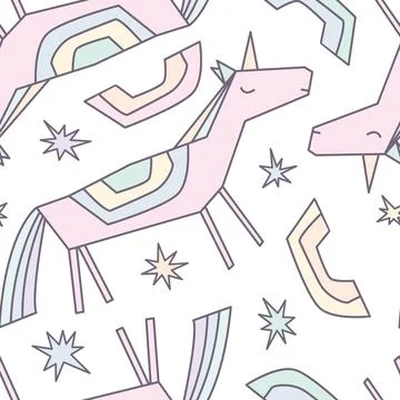 Abstract hand drawn linear unicorns and rainbows seamless pattern on white ba Stock Illustration
