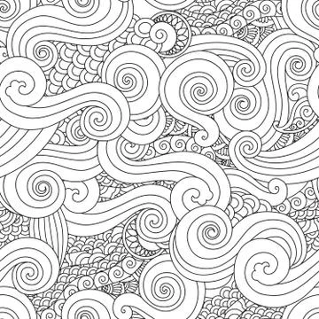 Abstract hand drawn outline wave curl seamless pattern in east asian style Stock Illustration