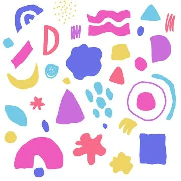 Abstract hand drawn pattern with a set of objects in bright colors. Spots, lines 스톡 일러스트