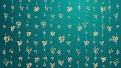 Abstract hand drawn pattern of yellow hearts on threads on a green background. Stock Footage 261982322