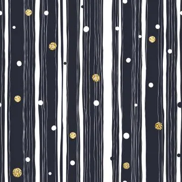 Abstract Hand Drawn Seamless Pattern with Black and White Lines and Golden Do 스톡 일러스트