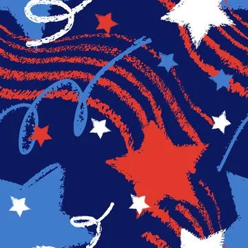Abstract hand drawn seamless pattern with stars and stripes. Vector chalk cra Stock Illustration