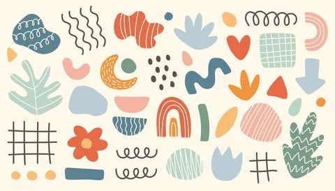 Abstract hand drawn set various shapes and doodle objects. Abstract contemporary Stock Illustration