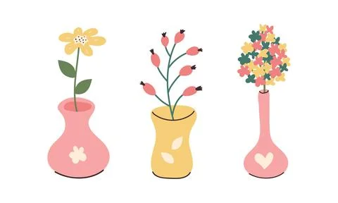 Abstract Hand drawn Spring flowers in Vases. Summer bright floral set in do.. Stock Illustration