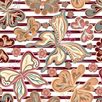Abstract hand drawn stripped pattern with butterflies. Wrapping print. Repeat Stock Illustration