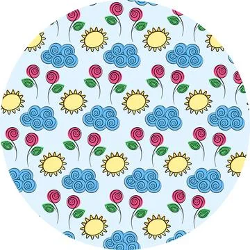 Abstract Hand drawn Sun Cloud Rose Seamless Pattern on soft blue Springtime Stock Illustration
