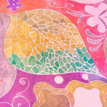 Abstract hand painted leaf on pink silk batik textile background - abstrac... Foto stock