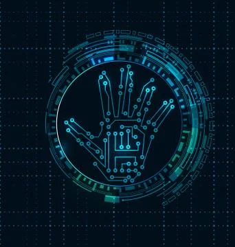 Abstract Hand with Scan, Electronic Technology Background, Circuit Lines, Hud Stock Illustration