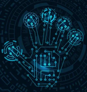 Abstract Hand with Scan, Electronic Technology Background, Circuit Lines, Hud Stockillustratie