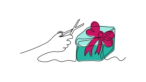Abstract hand with scissors and a gift, Christmas preparations. Self drawingi Stock Footage 280653254