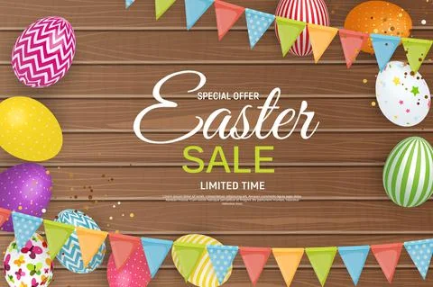 Abstract Happy Easter Background with Eggs and Garland Flags. Vector Illustra Illustrazione stock