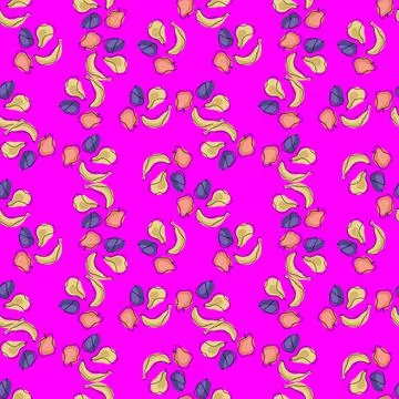 Abstract harvest summer seamless pattern with little bananas, apples, plums a Stock Illustration