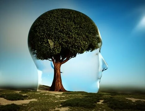 Abstract head on field with a tree as a brain . Self development and growth.. Stock Illustration