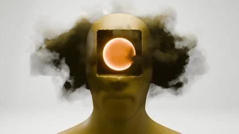 Abstract head with a hole, featuring clouds, symbolizing a blend of the human Illustrazione stock