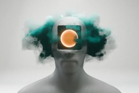 Abstract head with a hole, featuring clouds, symbolizing a blend of the human Illustrazione stock
