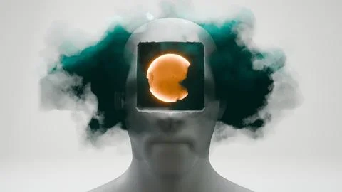 Abstract head with a hole, featuring clouds, symbolizing a blend of the human Illustrazione stock