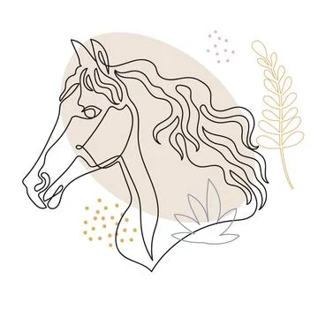 Abstract Head of Horse with Botanical Elements in Continuous Line Vector Stock Illustration
