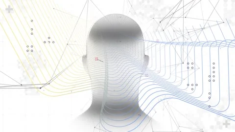 Abstract head silhouette rotating within technology network, featuring yellow Stock Footage 329518137