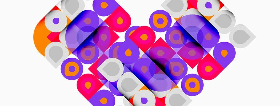 Abstract heart shape formed using overlapping colorful circles, squares. Mode Illustrazione stock