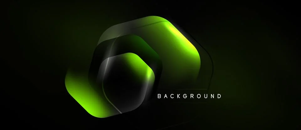 Abstract hexagon design. Dark background features glowing green layers, cre.. Stock Illustration