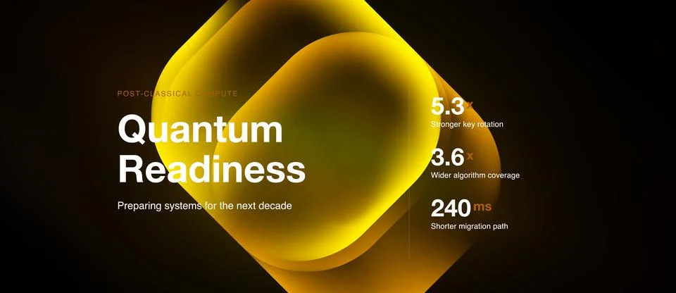 Abstract hexagon design promotes quantum readiness. Metrics highlight improve Stock Illustration