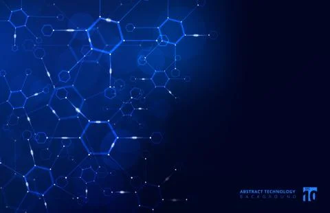 Abstract hexagon geometric background with connected line and dots on blue ba Stock Illustration
