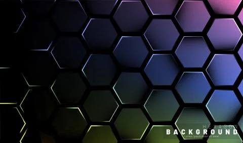 Abstract hexagon gradient colorful light pattern with a dark background techn Illustrazione stock