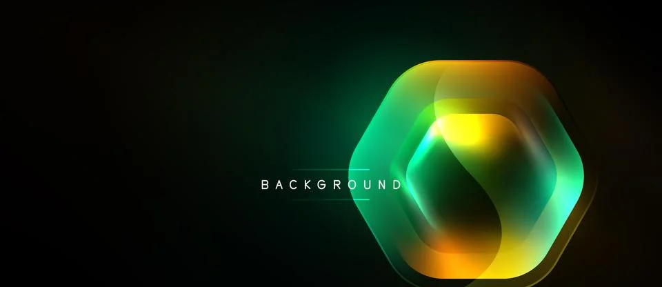 Abstract hexagon layers create glowing effect. Dark background emphasizes Stock Illustration