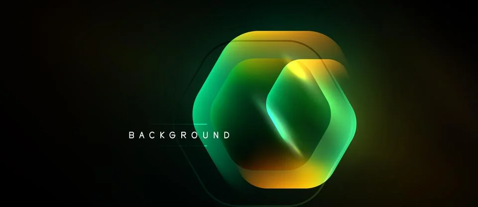 Abstract hexagon layers create vibrant glow effect. Dark background emphasize Stockillustratie