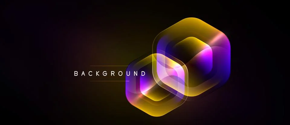 Abstract hexagon layers create vibrant, glowing effect. Dark background イラスト素材
