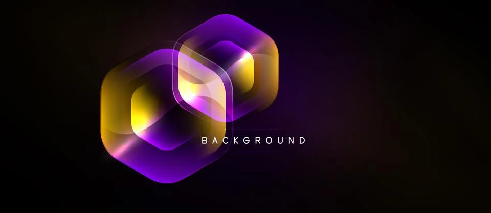Abstract hexagon layers overlap, creating vibrant purple, gold glow. Dark Stock Illustration