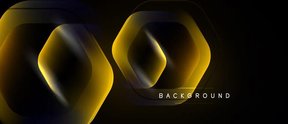 Abstract hexagon layers overlap, creating dynamic golden glow effect. Dark Stock Illustration