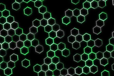 Abstract hexagon pattern with glowing green lines on black Stock Illustration