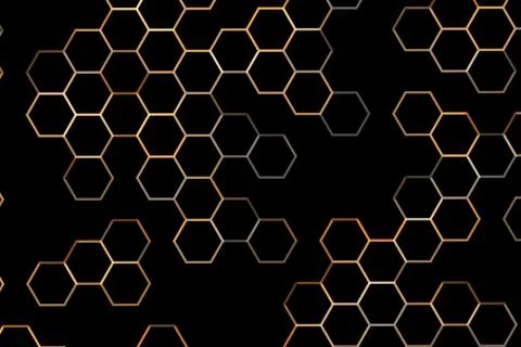 Abstract hexagon pattern with glowing lines on black background 库存插图