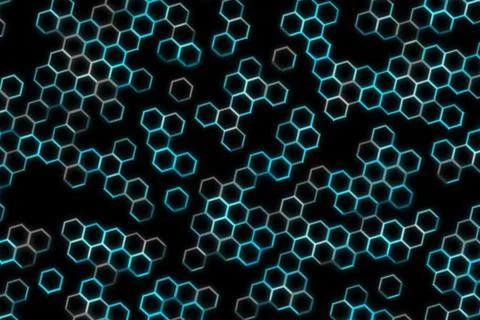 Abstract hexagon pattern with glowing neon lines on black Stock Illustration