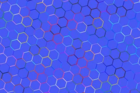 Abstract hexagon pattern with vibrant rainbow colors on blue Stock Photos