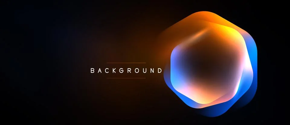 Abstract hexagon shape dominates dark background. Vibrant orange, blue hues Stockillustratie