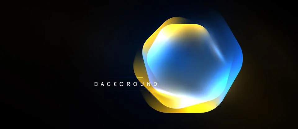 Abstract hexagon shape glows with blue, yellow hues. Dark background emphasiz Stockillustratie