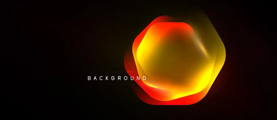 Abstract hexagon shape glows brightly against dark background. Vivid orange, Stockillustratie