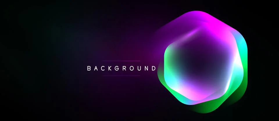 Abstract hexagon shape glows, vibrant colors blend. Dark background emphasize Stockillustratie