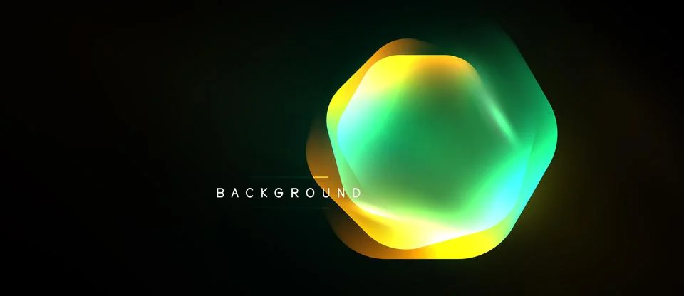 Abstract hexagon shape glows, vibrant colors blend. Dark background emphasize Stockillustratie