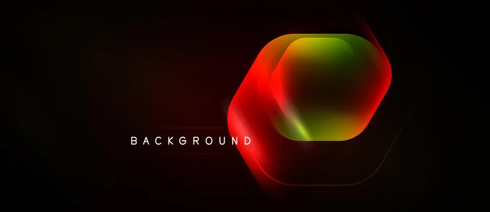 Abstract hexagon shape glows, vibrant colors blend. Dark background emphasize Illustrazione stock