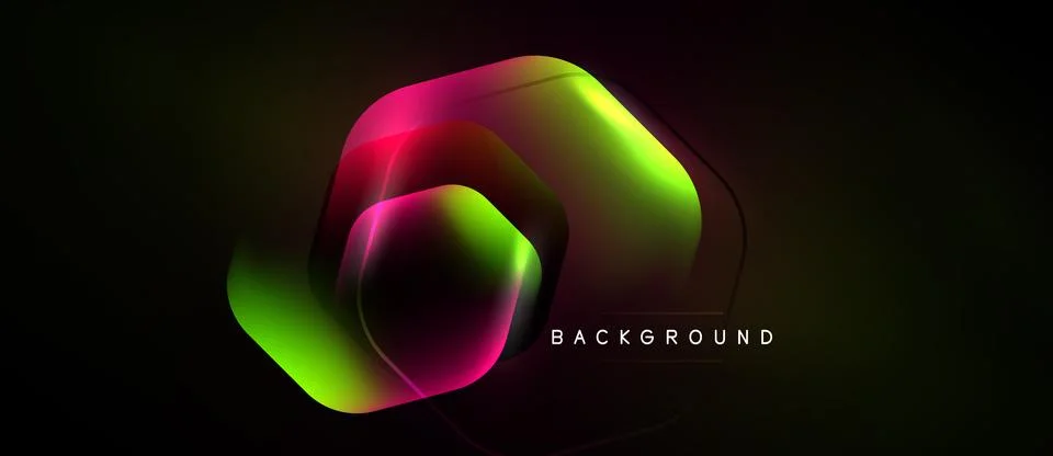 Abstract hexagon shapes overlap, creating vibrant gradients. Dark background Stockillustratie