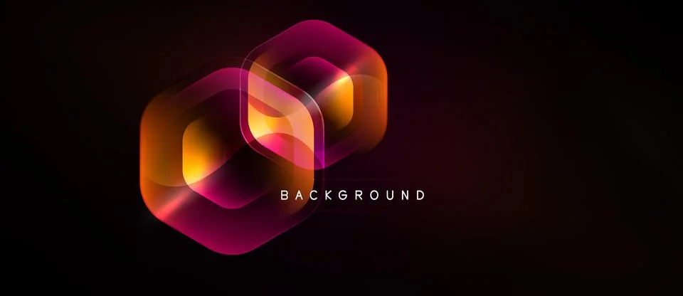 Abstract hexagon shapes overlap, creating vibrant orange, pink glow. Dark Stock Illustration